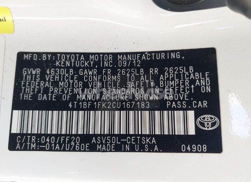 Photo 9 of 2012 Toyota Camry SE (VIN 4T1BF1FK2CU167183)