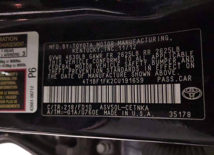 Photo 9 of 2012 Toyota Camry LE (VIN 4T1BF1FK2CU191659)