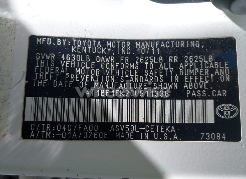 Photo 9 of 2012 Toyota Camry L (VIN 4T1BF1FK2CU511336)