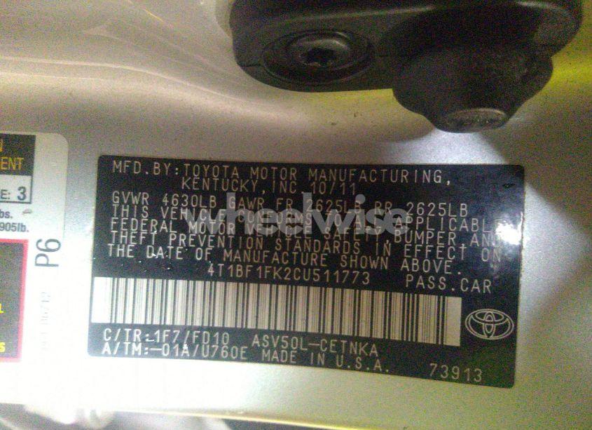 Photo 9 of 2012 Toyota Camry LE (VIN 4T1BF1FK2CU511773)