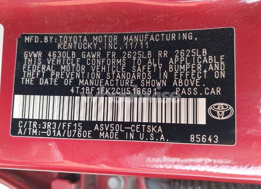 Photo 9 of 2012 Toyota Camry SE (VIN 4T1BF1FK2CU518691)
