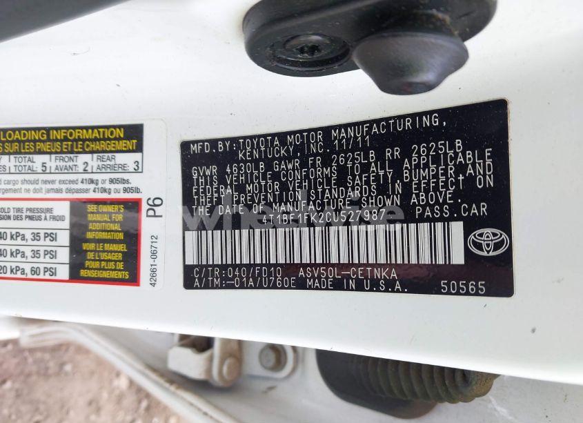 Photo 9 of 2012 Toyota Camry LE (VIN 4T1BF1FK2CU527987)