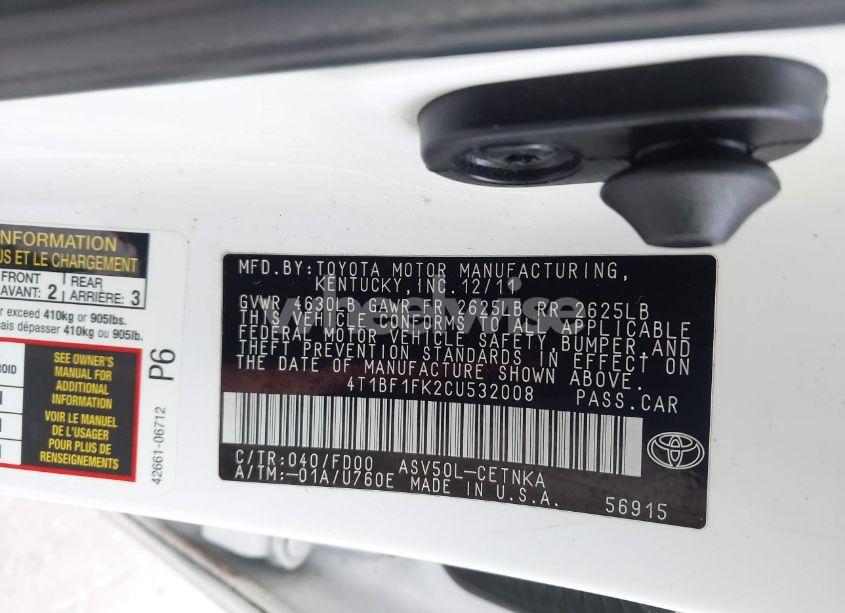 Photo 9 of 2012 Toyota Camry LE (VIN 4T1BF1FK2CU532008)