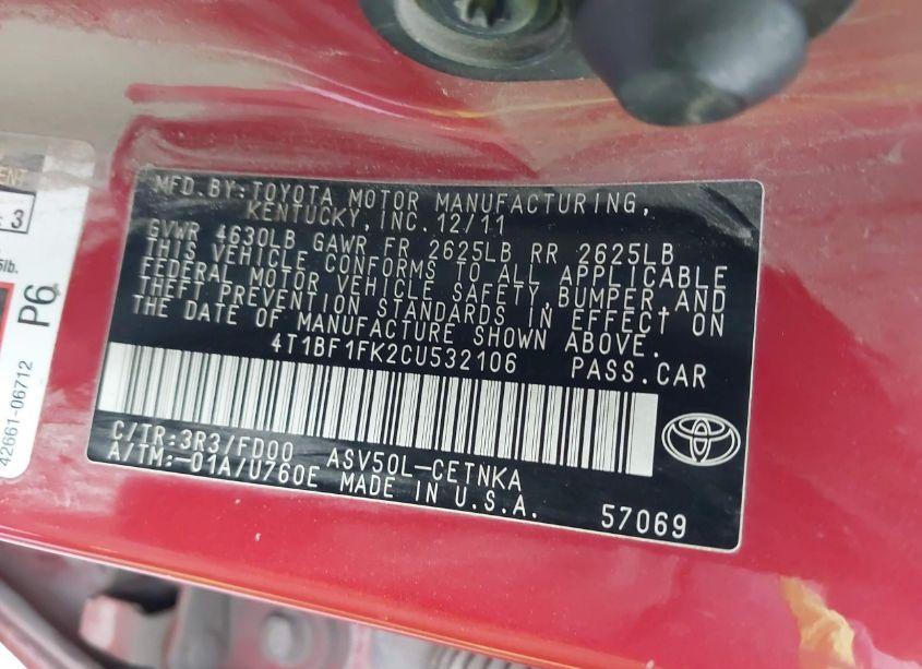 Photo 9 of 2012 Toyota Camry LE (VIN 4T1BF1FK2CU532106)