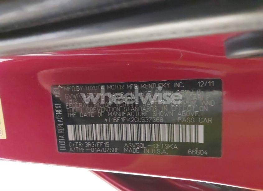 Photo 9 of 2012 Toyota Camry SE (VIN 4T1BF1FK2CU537368)