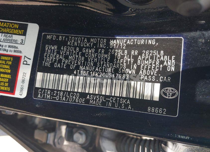 Photo 9 of 2012 Toyota Camry SE (VIN 4T1BF1FK2CU547883)
