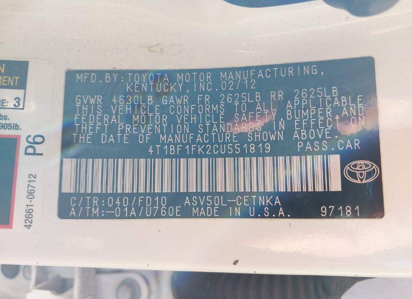 Photo 9 of 2012 Toyota Camry LE (VIN 4T1BF1FK2CU551819)