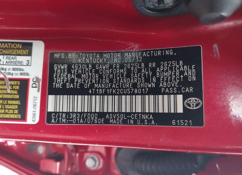 Photo 9 of 2012 Toyota Camry LE (VIN 4T1BF1FK2CU578017)