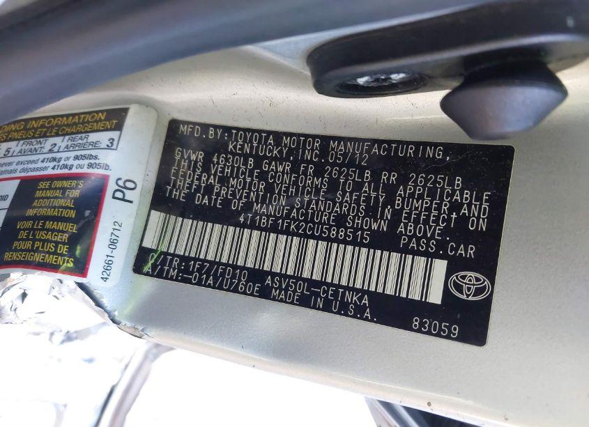 Photo 9 of 2012 Toyota Camry LE (VIN 4T1BF1FK2CU588515)