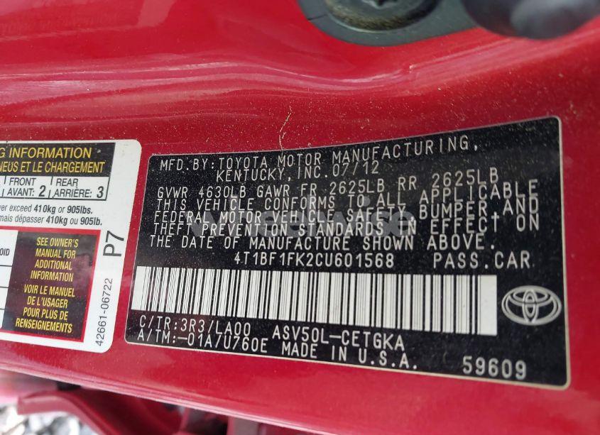 Photo 9 of 2012 Toyota Camry XLE (VIN 4T1BF1FK2CU601568)