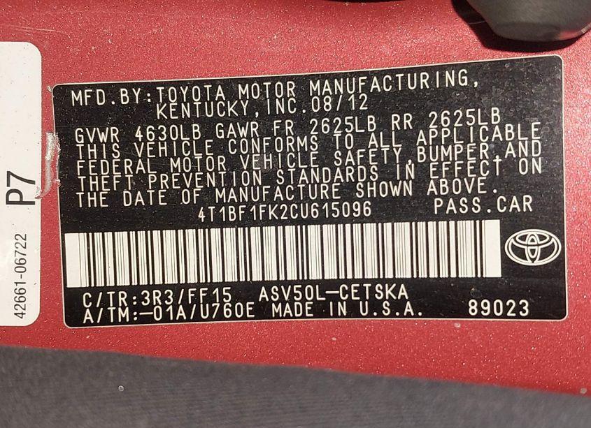 Photo 9 of 2012 Toyota Camry SE (VIN 4T1BF1FK2CU615096)