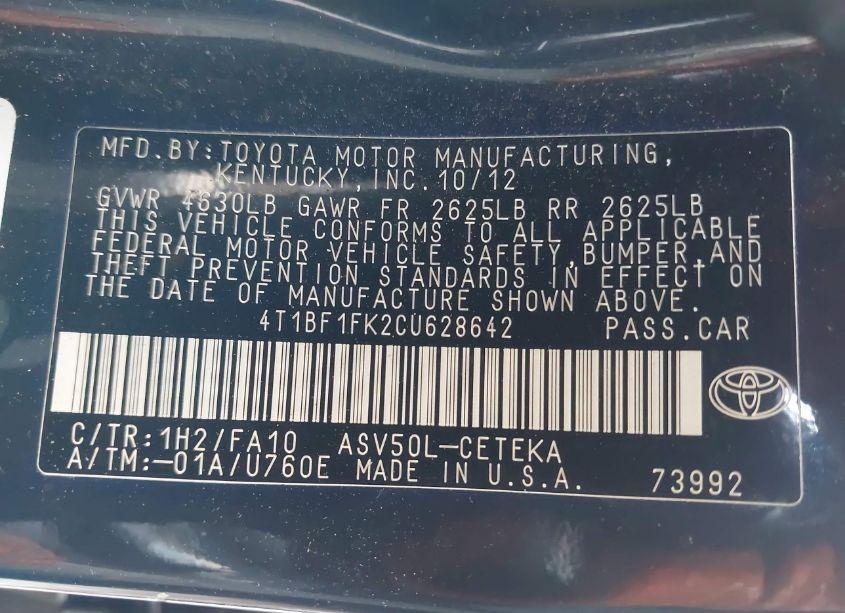 Photo 9 of 2012 Toyota Camry L (VIN 4T1BF1FK2CU628642)