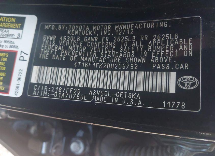 Photo 9 of 2013 Toyota Camry SE (VIN 4T1BF1FK2DU206792)