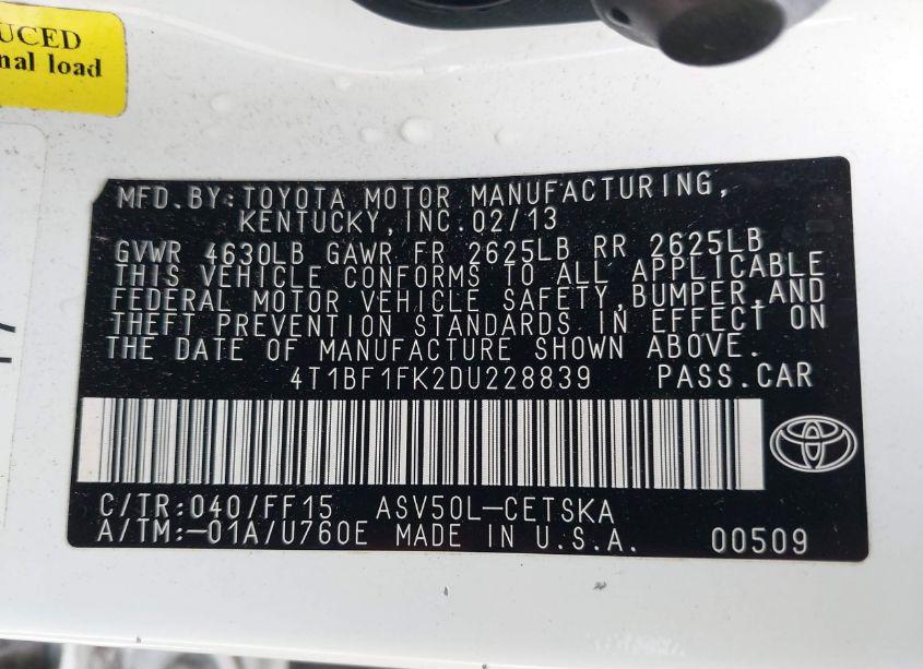 Photo 9 of 2013 Toyota Camry SE (VIN 4T1BF1FK2DU228839)