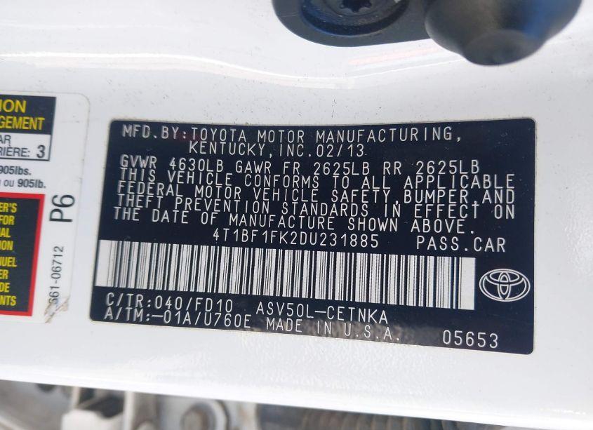 Photo 9 of 2013 Toyota Camry LE (VIN 4T1BF1FK2DU231885)