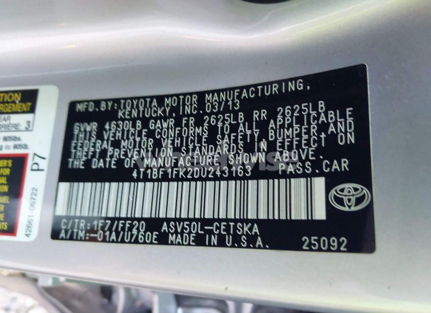 Photo 9 of 2013 Toyota Camry SE (VIN 4T1BF1FK2DU243163)