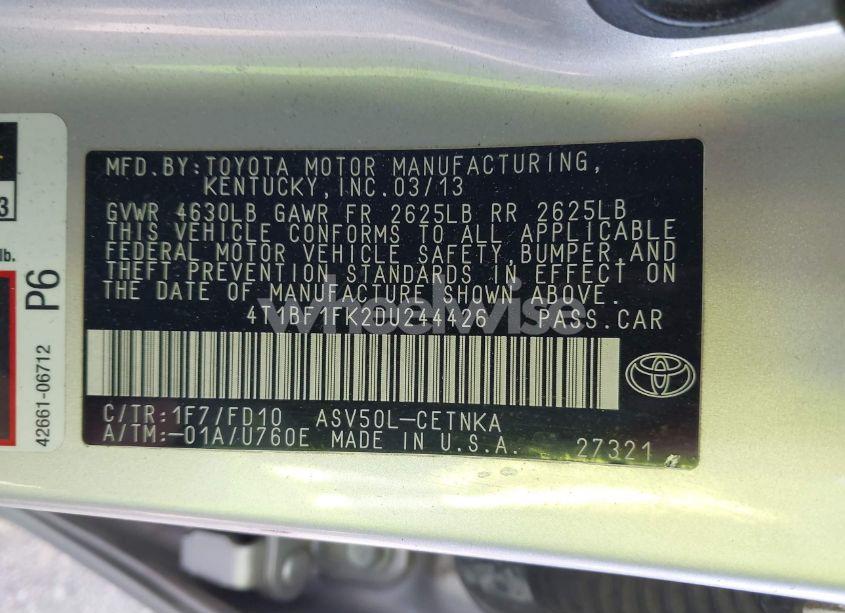 Photo 9 of 2013 Toyota Camry LE (VIN 4T1BF1FK2DU244426)