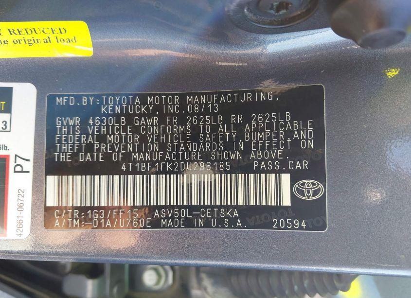 Photo 9 of 2013 Toyota Camry SE (VIN 4T1BF1FK2DU296185)