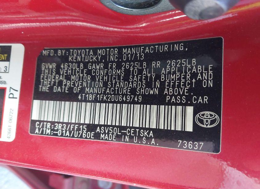 Photo 9 of 2013 Toyota Camry SE (VIN 4T1BF1FK2DU649749)