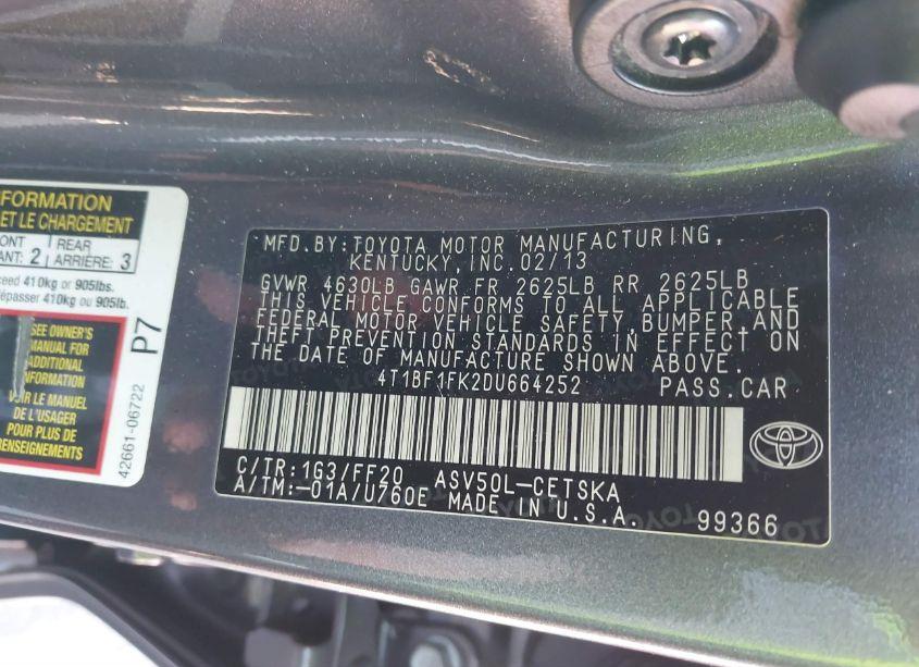 Photo 9 of 2013 Toyota Camry SE (VIN 4T1BF1FK2DU664252)