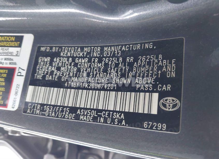 Photo 9 of 2013 Toyota Camry SE (VIN 4T1BF1FK2DU674201)