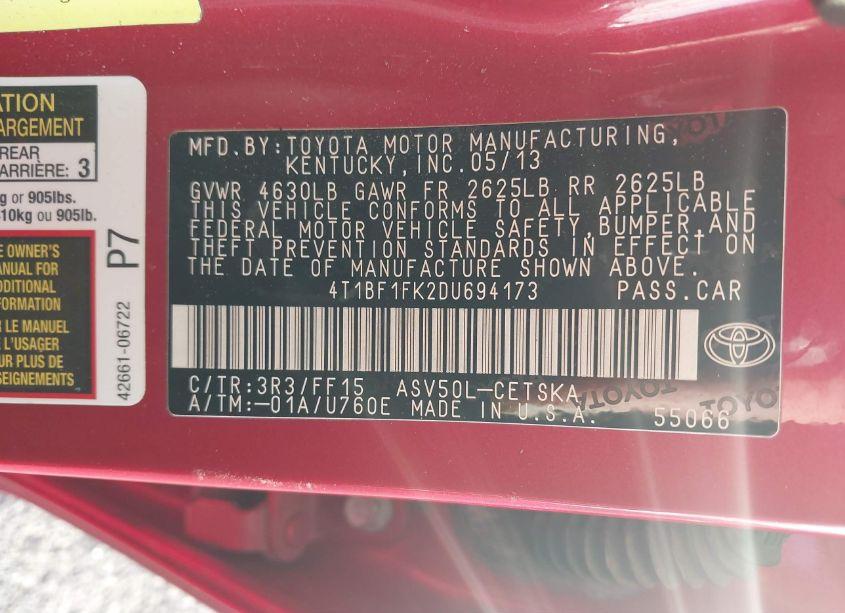 Photo 9 of 2013 Toyota Camry SE (VIN 4T1BF1FK2DU694173)