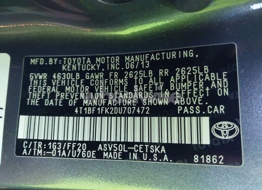 Photo 9 of 2013 Toyota Camry SE (VIN 4T1BF1FK2DU707472)