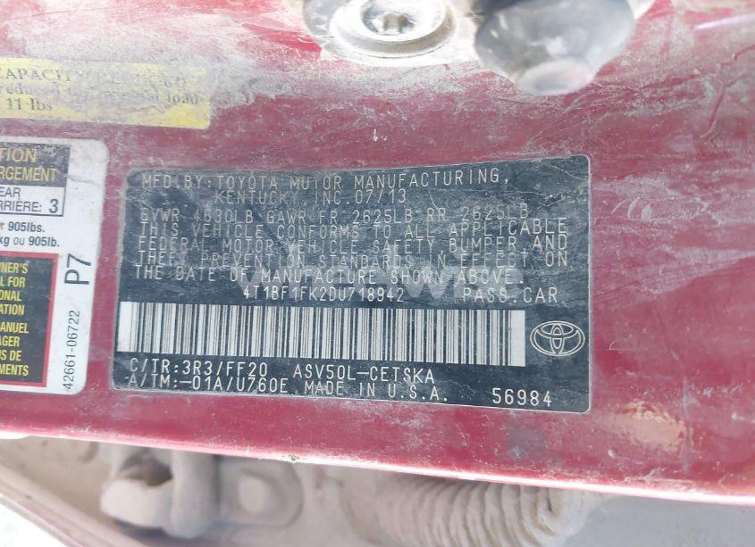 Photo 9 of 2013 Toyota Camry SE (VIN 4T1BF1FK2DU718942)