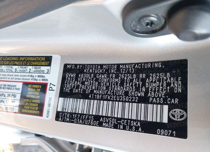 Photo 9 of 2014 Toyota Camry SE (VIN 4T1BF1FK2EU350232)