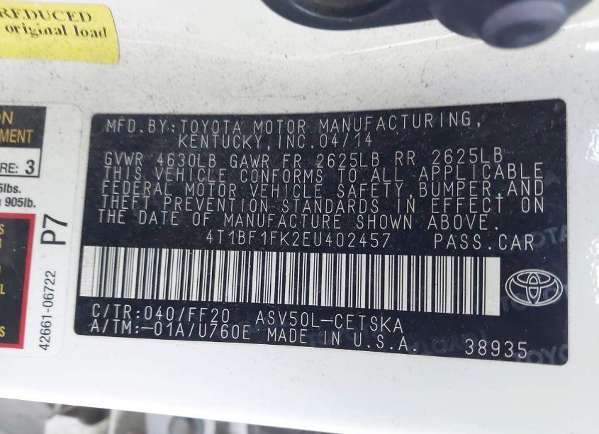 Photo 9 of 2014 Toyota Camry SE (VIN 4T1BF1FK2EU402457)