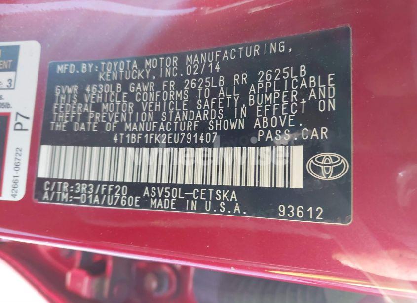 Photo 9 of 2014 Toyota Camry SE (VIN 4T1BF1FK2EU791407)