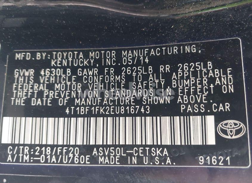 Photo 9 of 2014 Toyota Camry SE SPORT (VIN 4T1BF1FK2EU816743)