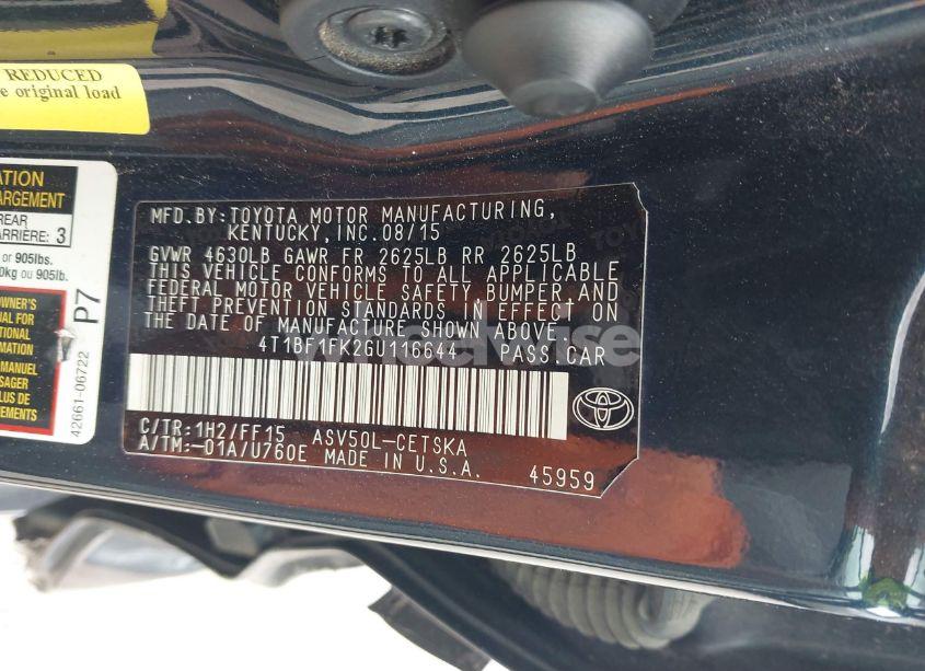 Photo 9 of 2016 Toyota Camry SE (VIN 4T1BF1FK2GU116644)