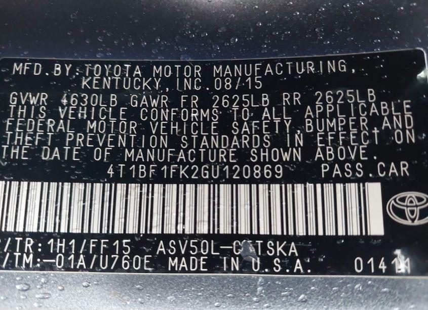 Photo 9 of 2016 Toyota Camry SE (VIN 4T1BF1FK2GU120869)