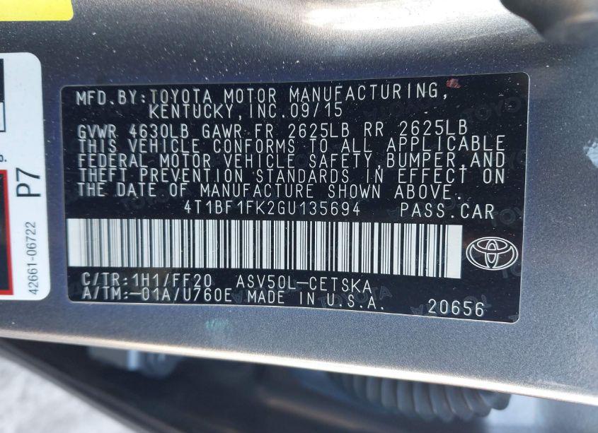 Photo 9 of 2016 Toyota Camry SE (VIN 4T1BF1FK2GU135694)