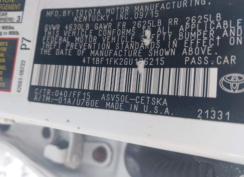 Photo 9 of 2016 Toyota Camry SE (VIN 4T1BF1FK2GU136215)