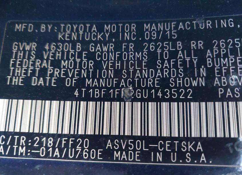 Photo 9 of 2016 Toyota Camry SE (VIN 4T1BF1FK2GU143522)