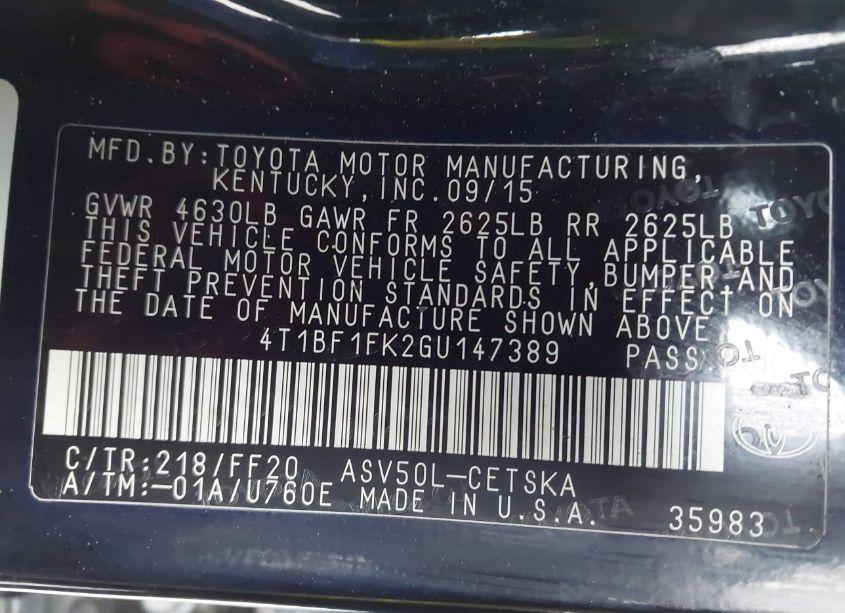 Photo 9 of 2016 Toyota Camry SE (VIN 4T1BF1FK2GU147389)