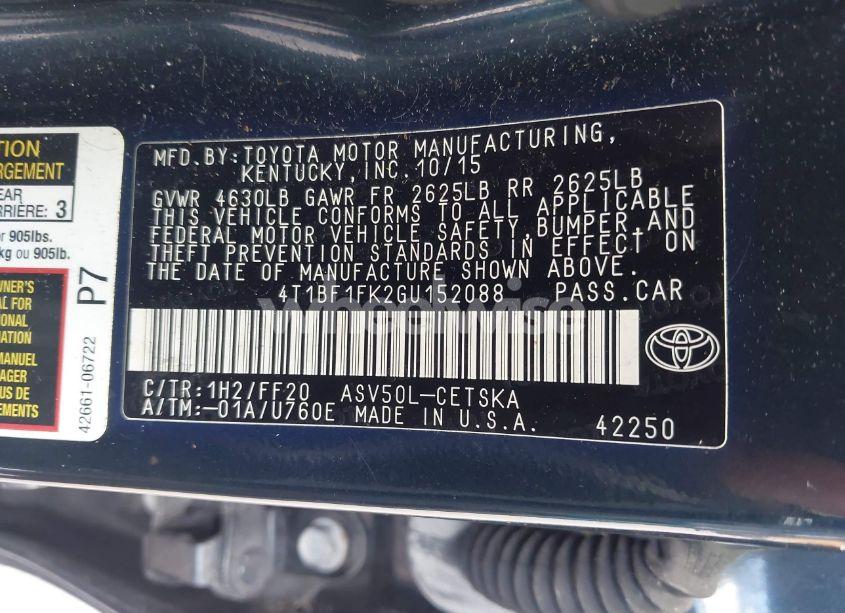 Photo 9 of 2016 Toyota Camry SE (VIN 4T1BF1FK2GU152088)