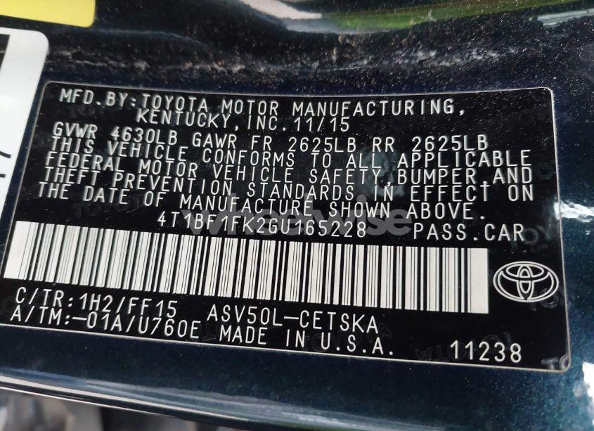 Photo 9 of 2016 Toyota Camry SE (VIN 4T1BF1FK2GU165228)