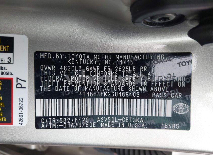 Photo 9 of 2016 Toyota Camry SE (VIN 4T1BF1FK2GU168405)