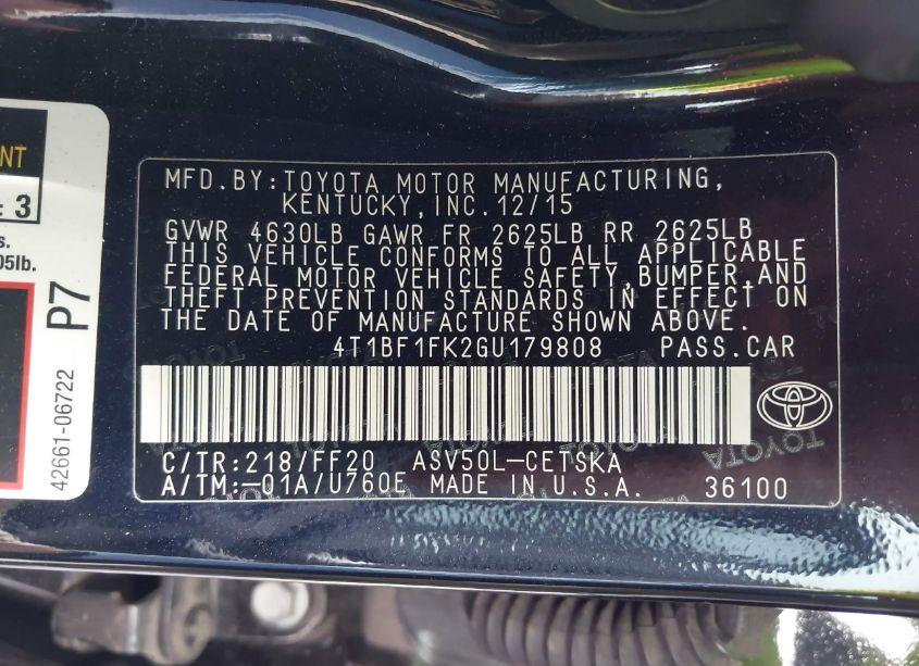 Photo 9 of 2016 Toyota Camry SE (VIN 4T1BF1FK2GU179808)