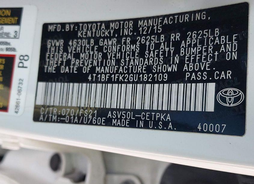 Photo 9 of 2016 Toyota Camry SE (VIN 4T1BF1FK2GU182109)