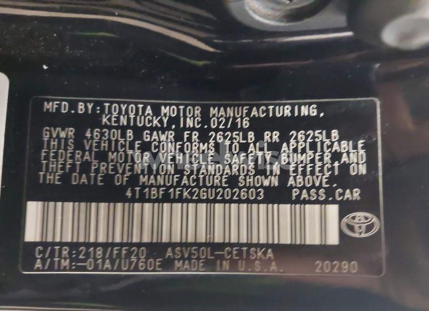 Photo 9 of 2016 Toyota Camry SE (VIN 4T1BF1FK2GU202603)