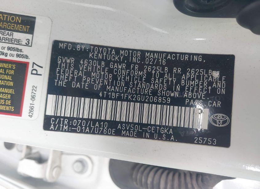 Photo 9 of 2016 Toyota Camry XLE (VIN 4T1BF1FK2GU206859)