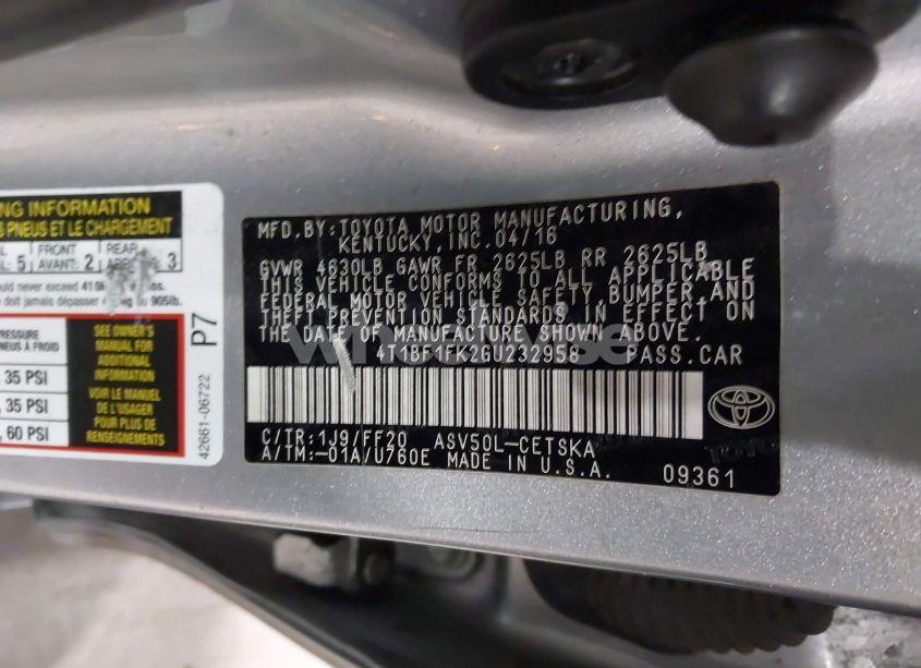 Photo 9 of 2016 Toyota Camry SE (VIN 4T1BF1FK2GU232958)