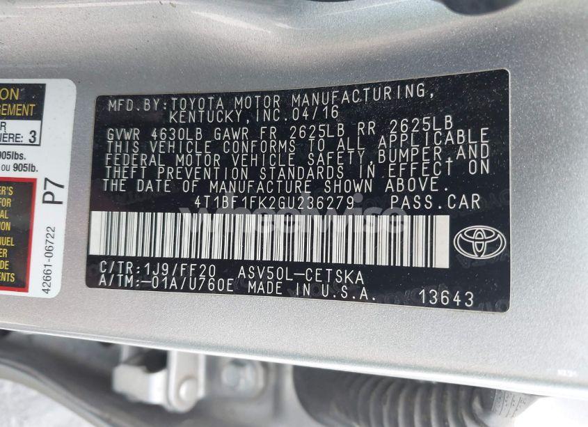 Photo 9 of 2016 Toyota Camry SE (VIN 4T1BF1FK2GU236279)