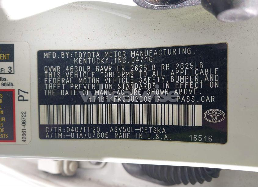 Photo 9 of 2016 Toyota Camry SE (VIN 4T1BF1FK2GU238517)