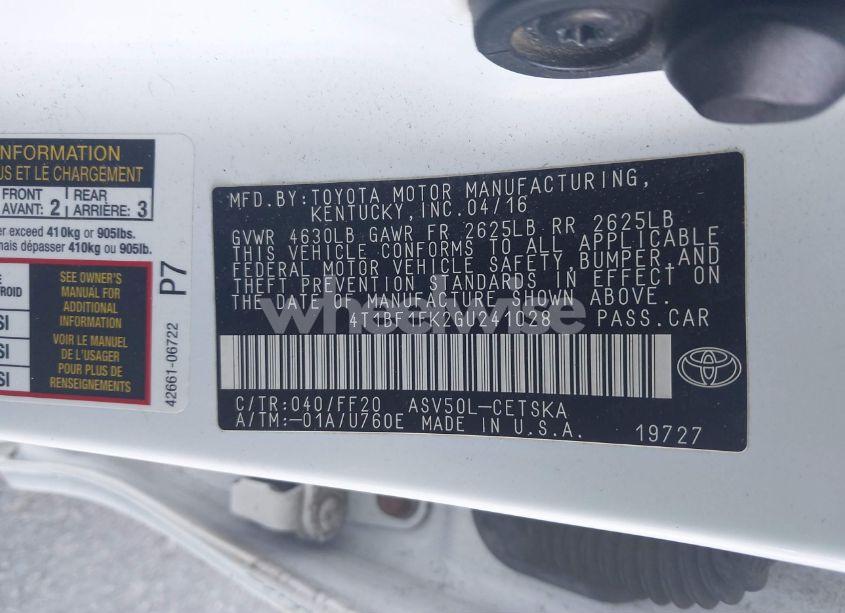 Photo 9 of 2016 Toyota Camry SE (VIN 4T1BF1FK2GU241028)