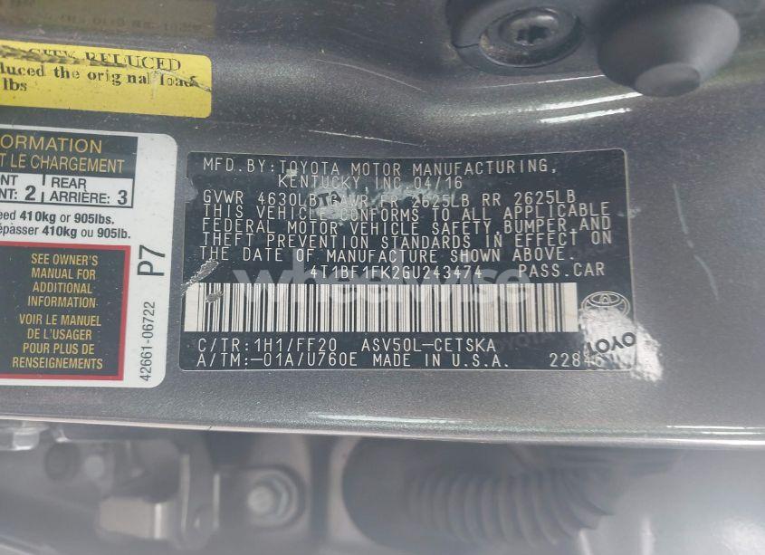 Photo 9 of 2016 Toyota Camry SE (VIN 4T1BF1FK2GU243474)